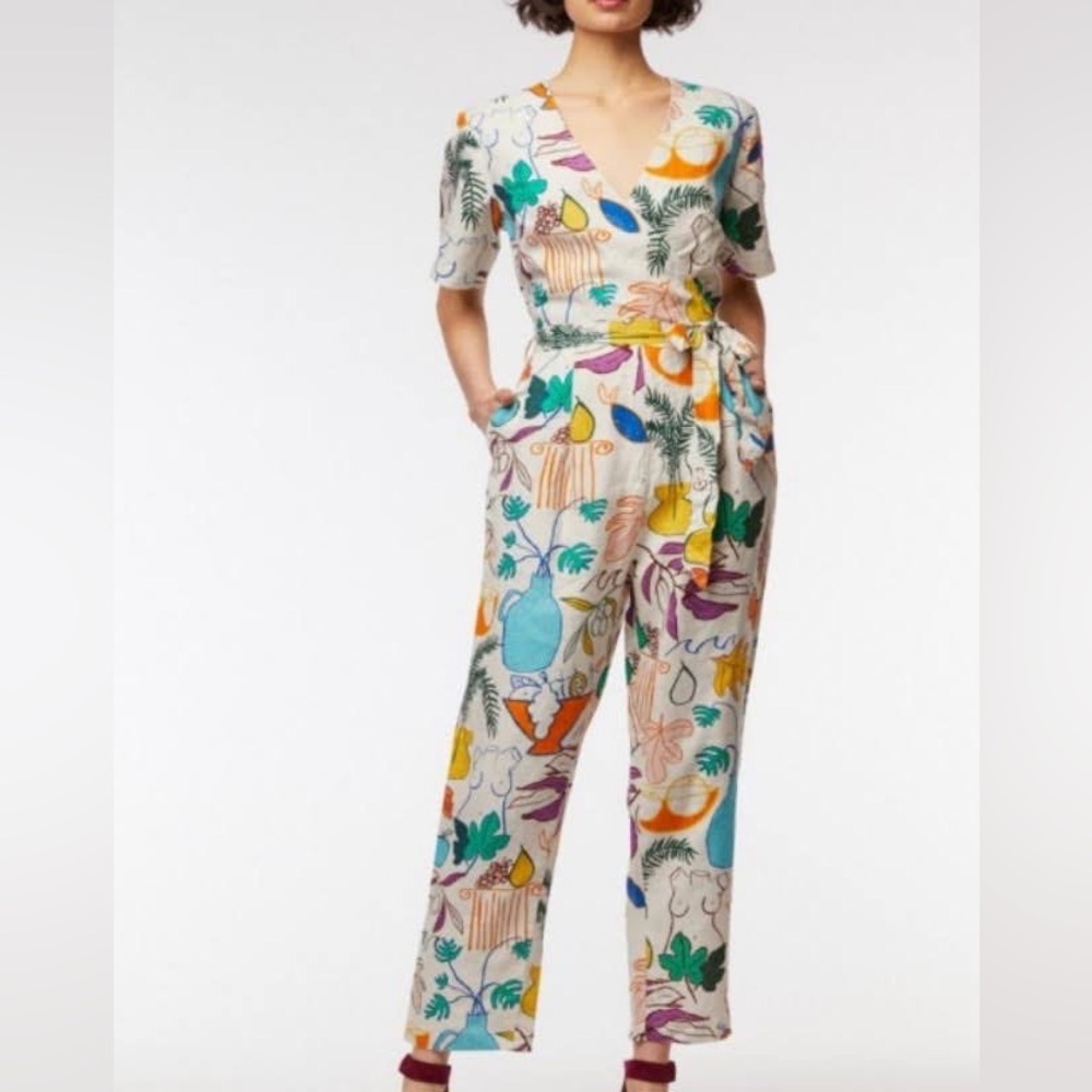 Gorman Athena Jumpsuit Grecian Autumn Print 100% Linen Lined Bodice Sz AU8 US 4